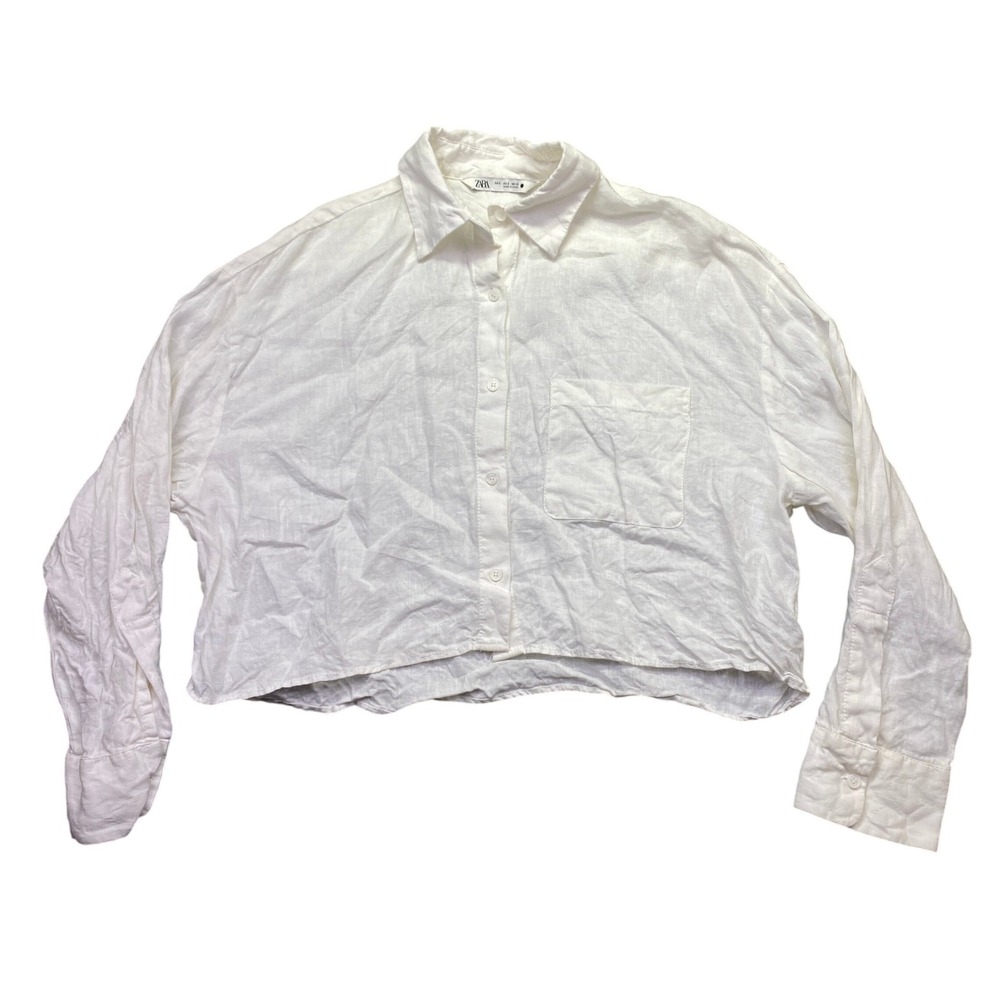 Zara Woman White Linen Cropped Button Down Shirt Size S Long Sleeve Pocket